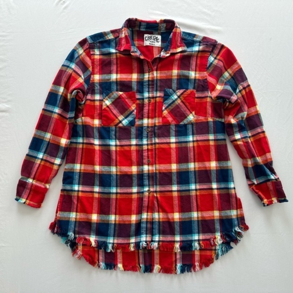 One24 Rags Red Plaid Button Up Long Sleeve Frayed Flannel‎ Shirt Womens small